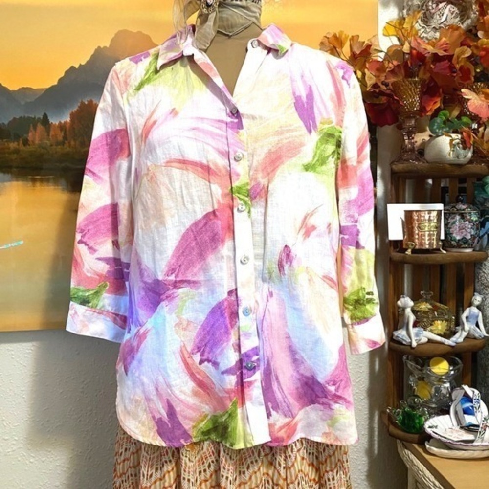 Chico's 100% Linen Shirt Coastal Euro-Summer No-Iron Beachy Women 1.5 10 Multi